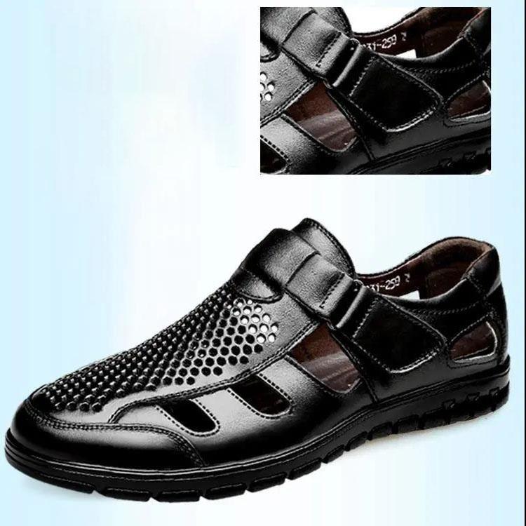 Летние мужские деловые повседневные кожаные рабочие сандалии с кружевом и полой сеткой