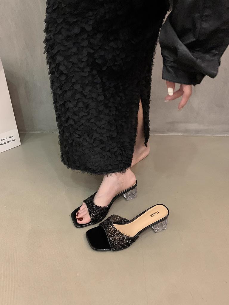 Французские хрустальные туфли на толстом каблуке, женская летняя одежда 2025 года, новые модные серебряные босоножки на высоком каблуке со стразами в виде феи