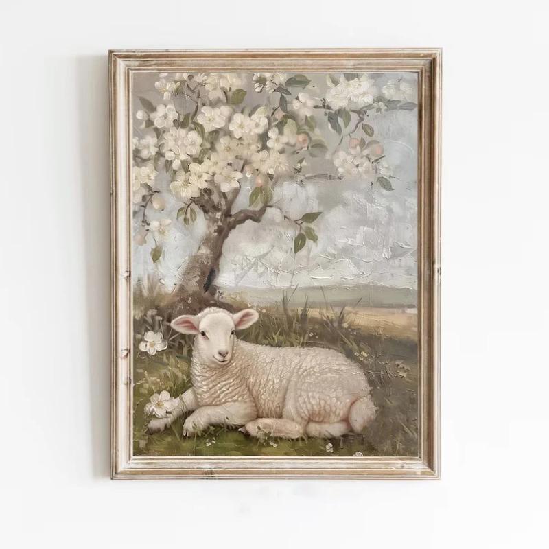 Neutral Spring Prints Poster, Gallery Set of 6 Spring Wall Art, Easter Bunny Painting, Farmhouse Easter Decor Canvas Artwork
