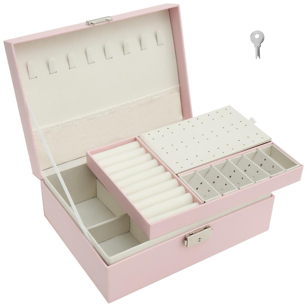 Большая шкатулка для хранения украшений 2 яруса Шкатулки для хранения украшений с замком Для украшений Ожерелье Серьги Браслет Кожаные шкатулки для украшений