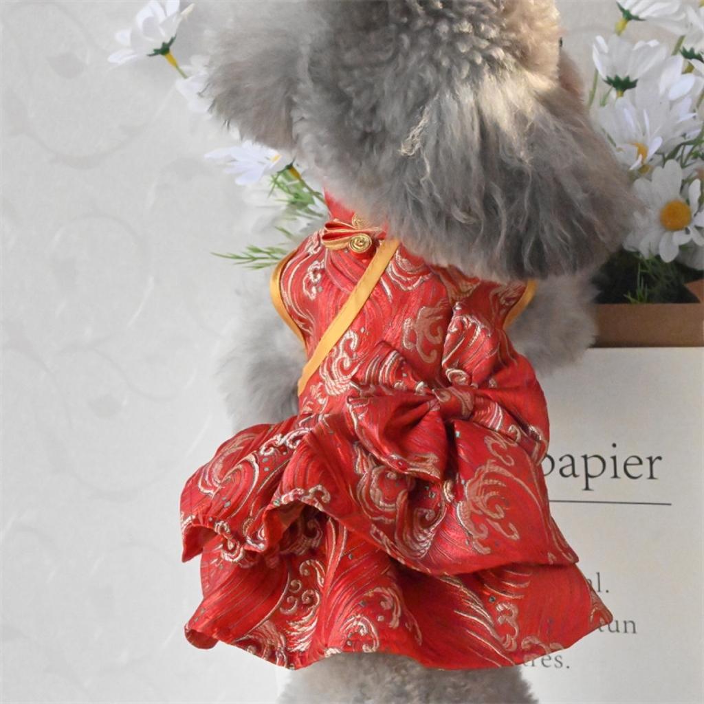 New Chinese Style Tang Clothing Pet Clothes 2025 New Fashion Red Print Princess Dress For Small Medium Dog Teddy Puppy Dog Skirt