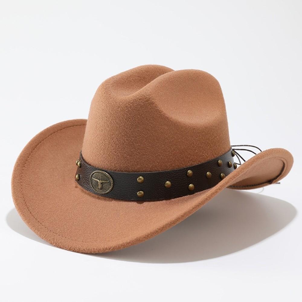 Wide Brim Western Cowboy Hat Bull Head Rivet Faux Suede Hat Sun Protection Hat  For Men Women