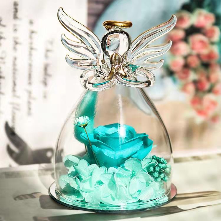Customized Angel Figurines Glass Dome Real Preserved Rose Flower for Valentine's Day Eternal Forever Roses Flowers