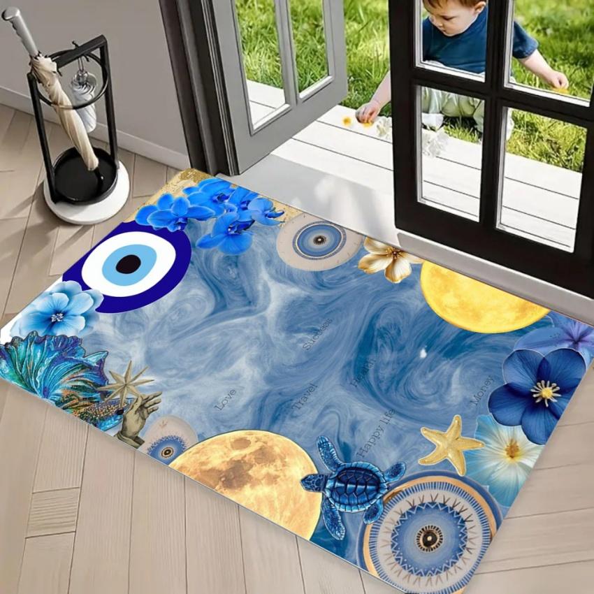 Evil Eye Hamsa Hand Lucky Area Rug Carpet, Non Slip Floor Mat Washable Welcome Rug for Front Door Entryway Blessing Home Decor