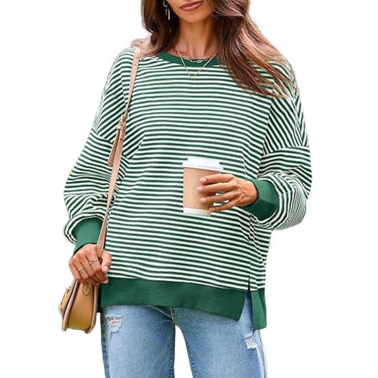 Women Striped Oversized Sweatshirt Long Sleeve Crewneck T-Shirt Split Hem Waffle Knitted Tunic Top Casual Fall Sweater