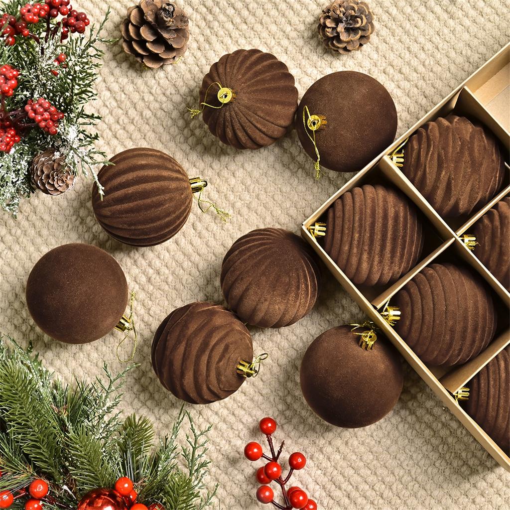 Флокированный рождественский шар 8 см Коричневый подарочный набор Рождественское украшение Декор для елки Праздничный подвесной кулон Композиция рождественской сцены