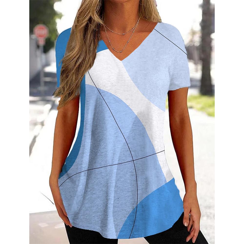 New Women's T-Shirt Curve Print V-Neck Fashion Streetwear Female Clothing Casual Summer Short Sleeve Pullover T Shirt for Women