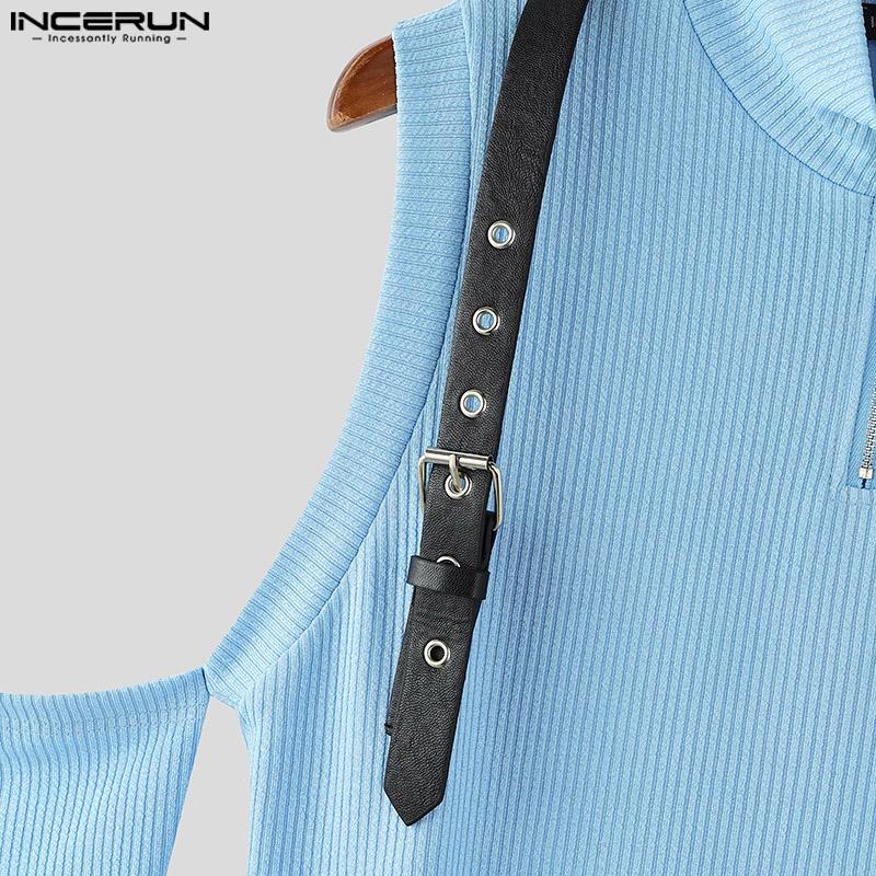 INCERUN Men Zipper High Neck Cold Shoulder Irregular Casual Skinny T-Shirts Tops