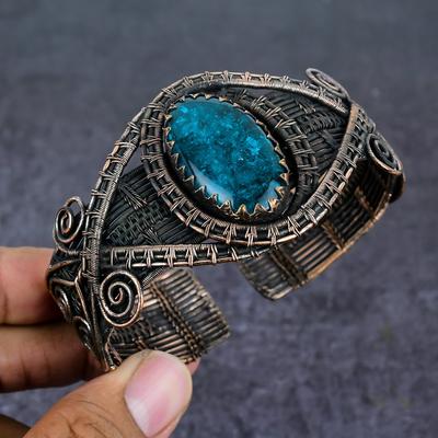 Браслет-манжета из натурального неоново-голубого апатита с медной проволокой, регулируемый Y2o22