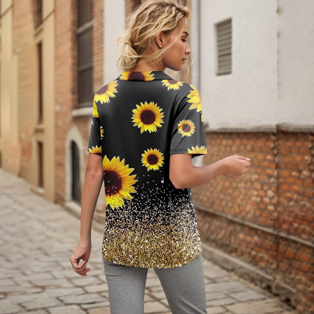 Women's Pleated V-neck Short Sleeved Sunflower Print T-shirt Business Casual Shirt