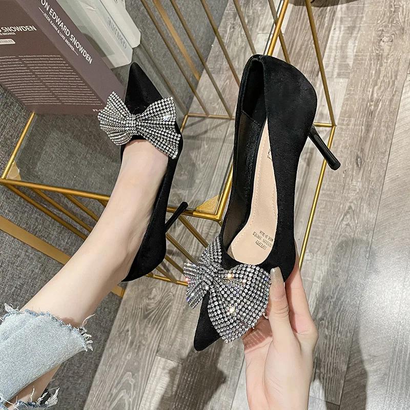 Fashion High Heeled Shoes for Women In South Korea Bow Knot Rhinestone Single Shoes 2024 New Pointy Fashion High-heeled Shoes for Women