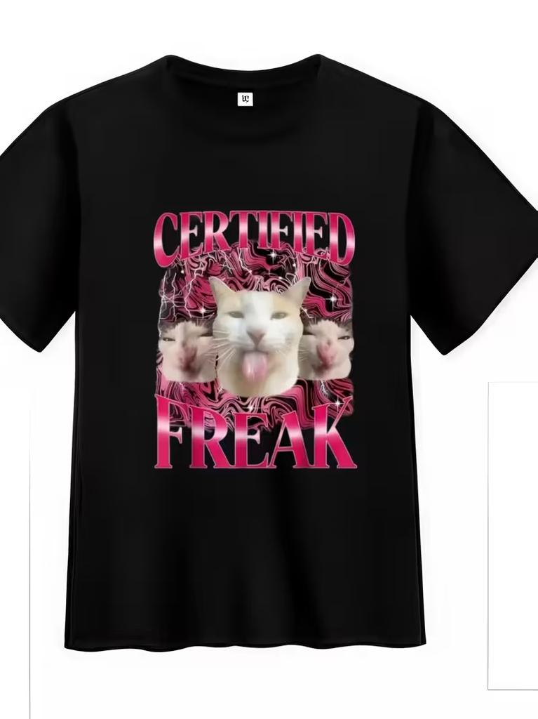 Strange Cat Certified Humorous Tshirt Fun Graphic Top for Everyday Wear and Parties Casual Pet Tshirt Party OutfitWomen