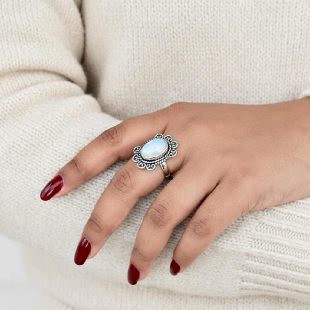 Кольцо с цветком из радужного лунного камня, серебро 925 пробы, драгоценный камень овальной формы ручной работы, эффектное кольцо для женщин