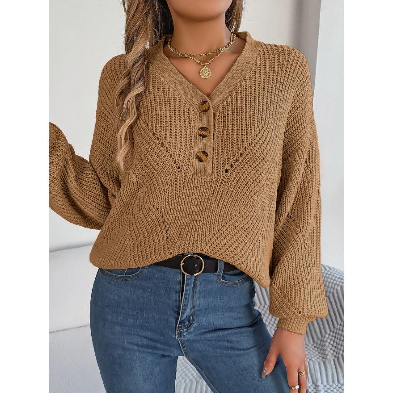 Женский свитер-пуловер с V-образным вырезом, пуговицами и рукавами-фонариками, осенне-зимняя модель