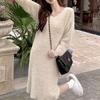 Gentle Wind White Imitation Mink Velvet Medium and Long Pullover Sweater V-neck Loose Lazy Knitted Dress Women's Autumn and Winter