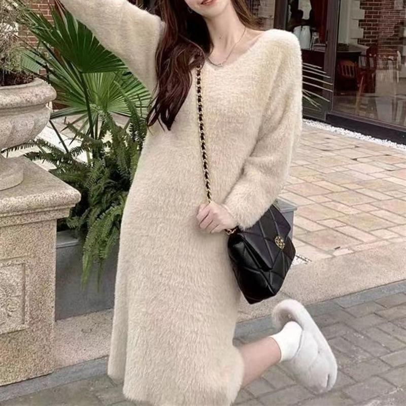 Gentle Wind White Imitation Mink Velvet Medium and Long Pullover Sweater V-neck Loose Lazy Knitted Dress Women's Autumn and Winter
