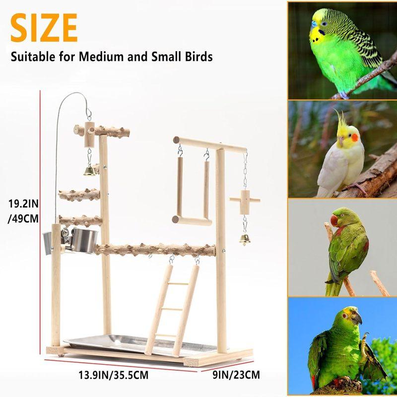 Bird Playground Parrot Playstand Bird Perch Stand Gym Natural Wood Play Stand with Swing Ladder Feeder Cups for Parakeets Cockat