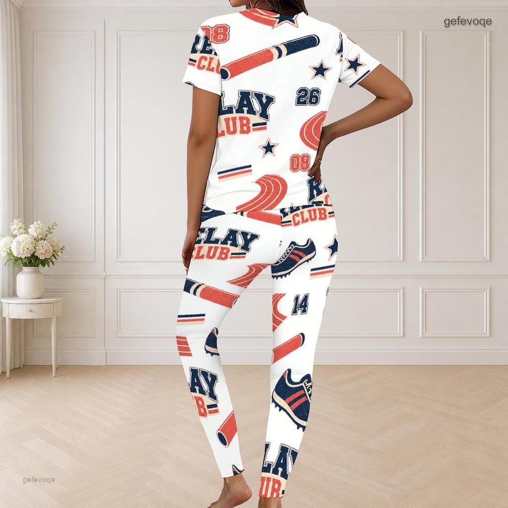 Women Plus Size V Neck Short Sleeve Alpine Mountain Print White Pajama Set
