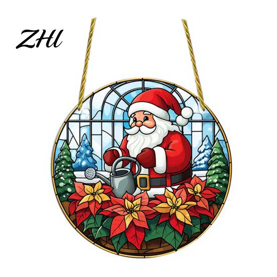 Acrylic Santa Claus Pendants Stained Glass Style Christmas Hanging Pendant, Plants Ornaments with Lanyard Double Sided Printed Xmas for Tree