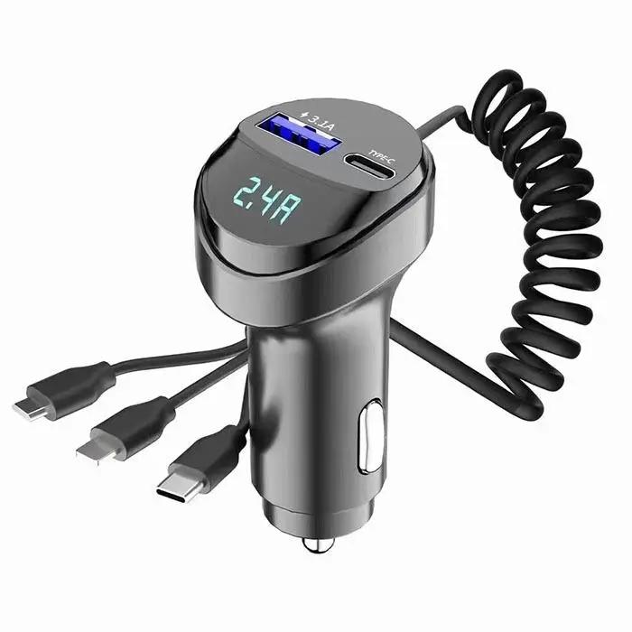 55 Вт 2-портовое USB-автомобильное зарядное устройство с вольтметром, быстрая зарядка 3,1 А, выдвижной кабель, трехкомпонентный дизайн для iPhone Samsung