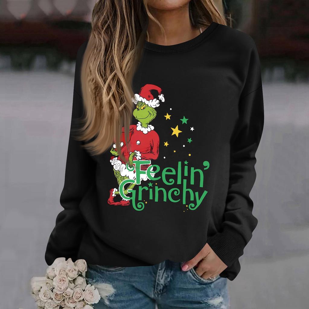 Women's Fashion Casual Long Sleeve Solid Color Christmas Printed Round Neck Top Sweatshirt