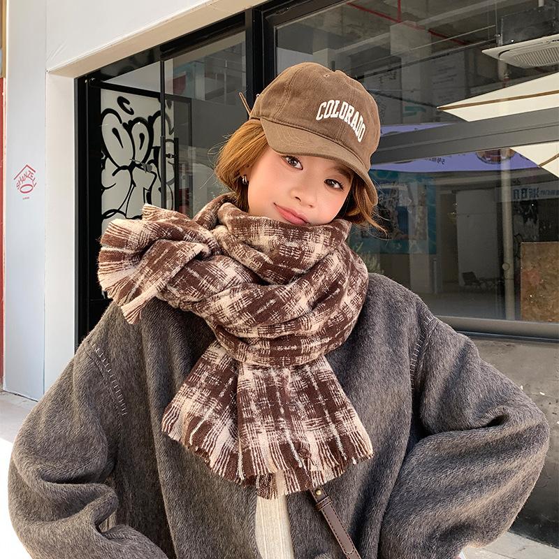 2025 Korean Imitation Cashmere Scarf Women's Autumn and Winter High-end Warm Shawl Cute Versatile Plaid Scarf