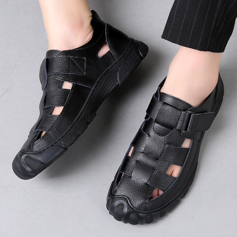Fashion Mens Genuine Leather Sandals 2024 Summer Flat Soft Cow Leather Male Footwear Thick Sole Brand Black Casual Shoes A4636