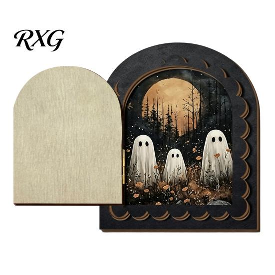 Decorative Halloween Fireplace Accent Cute Ghost Door Ornaments, Vintage Miniature Decoration, Retro Arched Tabletop Decor 3 Layer Openable