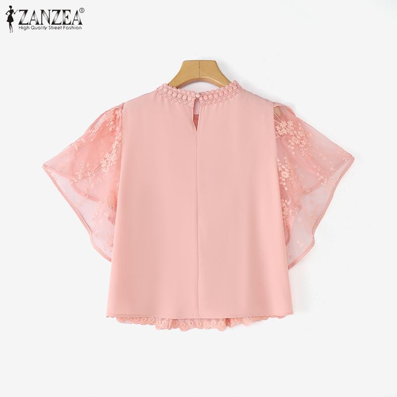ZANZEA Women Casual Round Neck Short Sleeve Embroidery Lace Patchwork Blouse