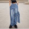 Women's Jeans 2025 Spring Autumn Latest Washed and Distressed Patchwork Bow Wide Leg Pants with High Waist and Slimming Design