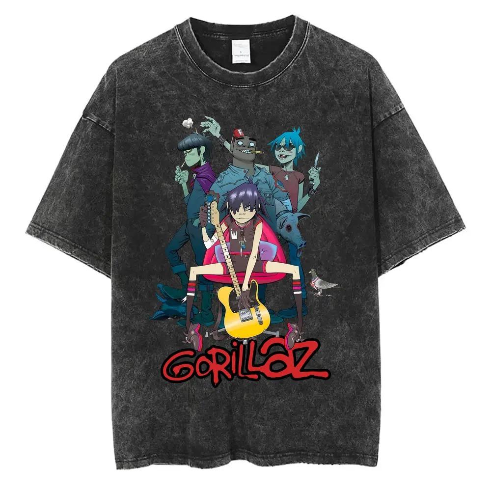 British Classic Virtual Band Gorillaz Poster Tshirt Men Women Streetwear Hip Hop Vintage Washed Cotton Top Oversized Summer Tee