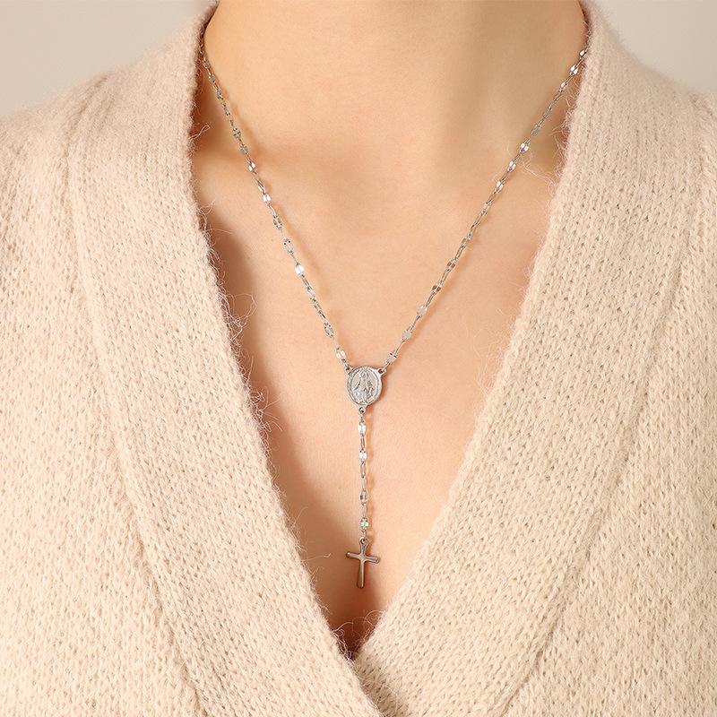 Vintage Geometric Portrait Cross Pendant Necklace Titanium Steel Personality Temperament Versatile Collarbone Chain Jewelry