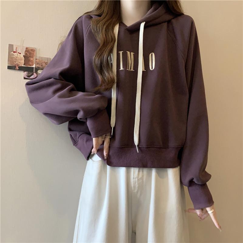 Real shot velvet short hooded sweater women's autumn and winter new loose embroidered long-sleeved top coat