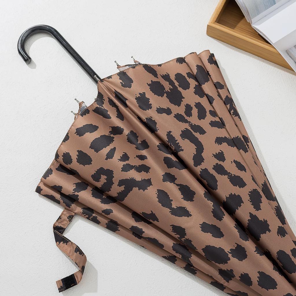 Retro Fashion Leopard Print Automatic Long-Handle Umbrella for Women, 10-Rib Windproof Quick-Dry Hook Handle Umbrella, Wind-Resistant Sturdy Straight