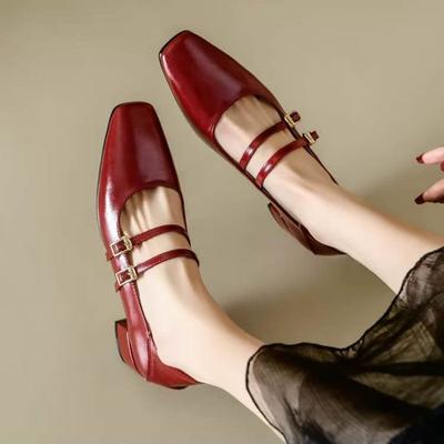 Модная женская обувь на грубом каблуке Весна Новая Квадратный носок Неглубокий вырез Противоскользящая Износостойкая Обувь с низким верхом