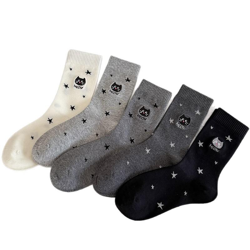 10Pair Star Socks Female Cute Cat Embroidery Tube Socks Autumn And Winter Cotton Socks Cartoon Student Stacking Socks
