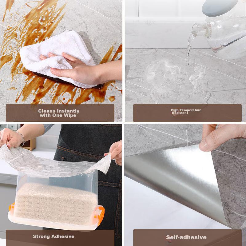 Qinghua Kitchen Oil-Proof Sticker, Heat-Resistant Cabinet Moisture-Proof Sticker, Stove Countertop Protective Film, Marble Gray 60*500cm