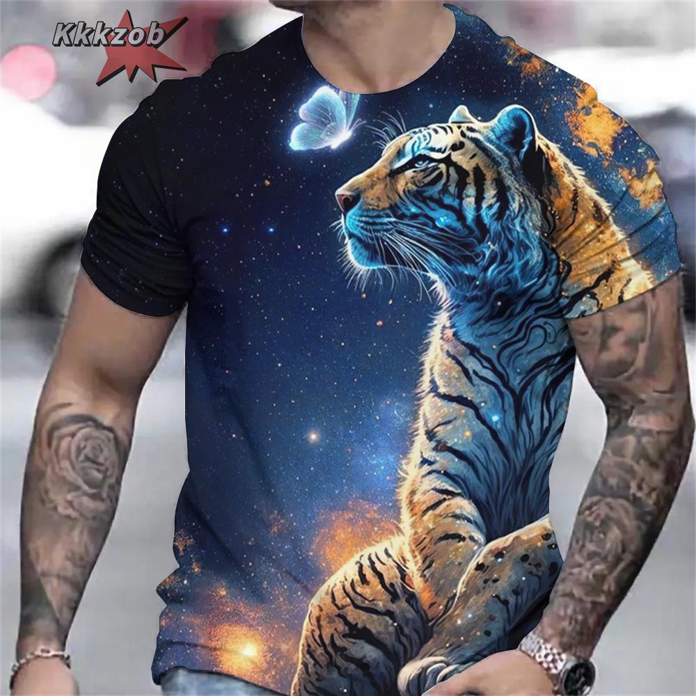 Мужские футболки Футболка с принтом свирепого тигра 3D Животное Летняя с коротким рукавом Мужские футболки оверсайз Повседневные топы Футболки Мужская одежда