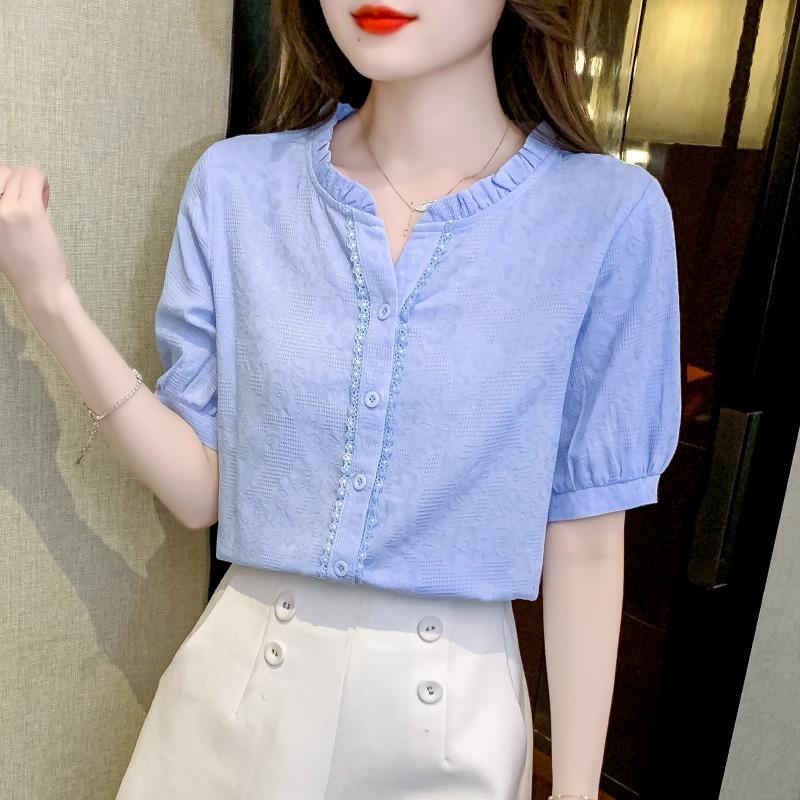 Women Ruffled Collar Cotton Jacquard Embroidered Short Sleeve Casual Blouse