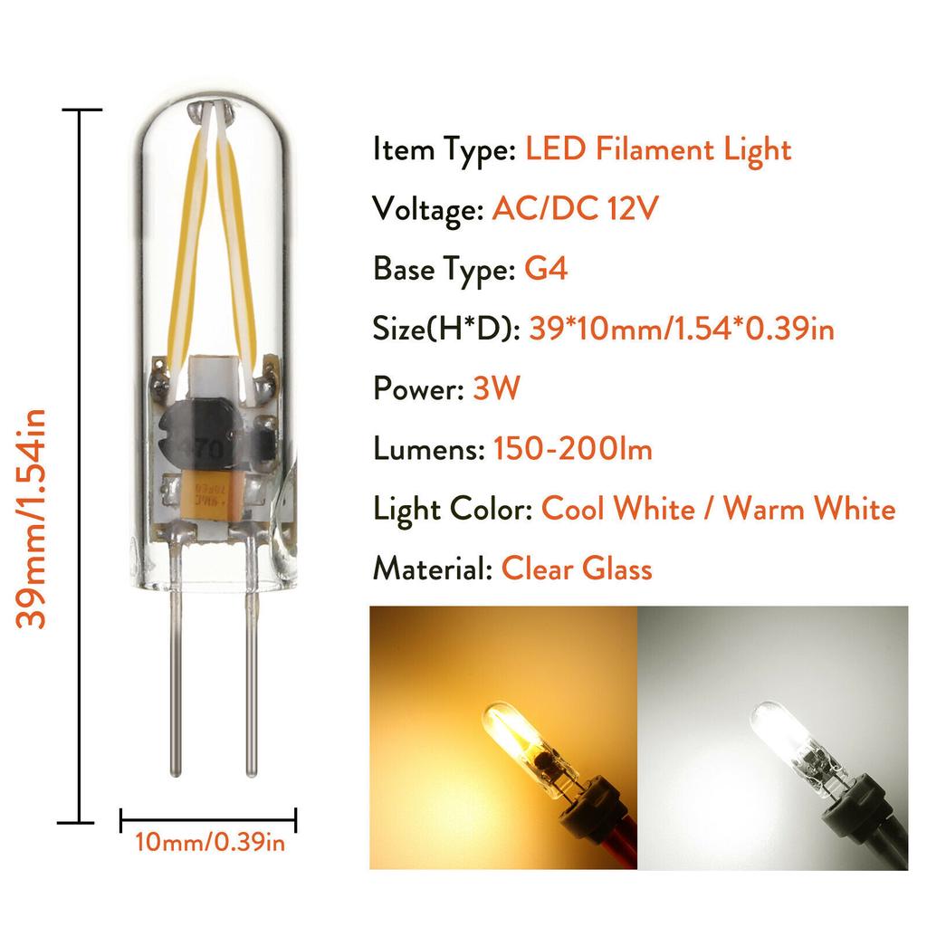 Mini G4 COB LED Filament Stick Light Bulb 3W 12V Replace 15W Halogen Lamps Glass Cover AC/DC 200LM Warm White Cool White