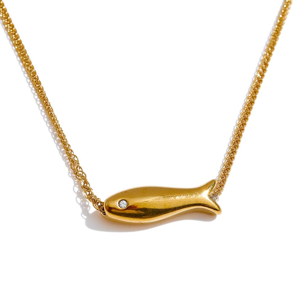 Yhpup Chic Stainless Steel Zircon Fish Pendant Necklace Gold & Platinum PVD Plated Waterproof Exquisite Jewelry Gift for Women