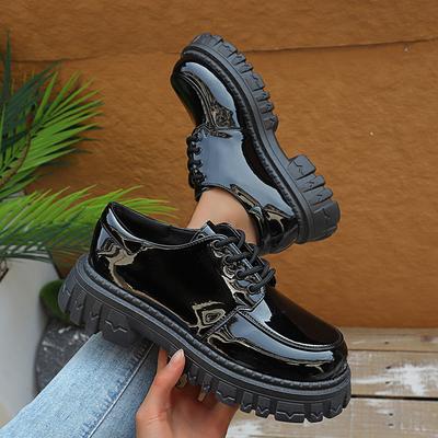 Оксфорды на массивной платформе для женщин 2025 Черные лакированные туфли для платья Женские туфли на толстой подошве Нескользящие вулканизированные туфли