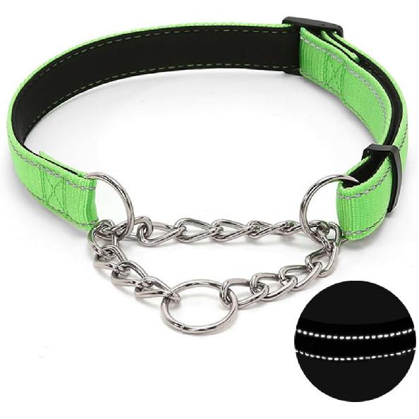 Martingale Dog Collar with Stainless Steel Chain, Adjustable Soft Padded Nylon Reflective Collar, No Pull Heavy Duty Chain Walking Training Colllars