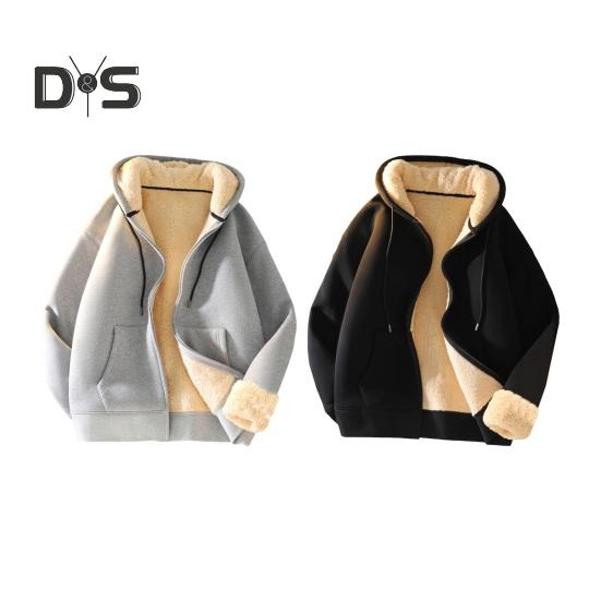 Men Fall Winter Hoodie Thick Fleece Lined Hooded Long Sleeves with Pockets Solid Color Loose Elastic Cuffs Drawstring Jacket Couple Sport Coat