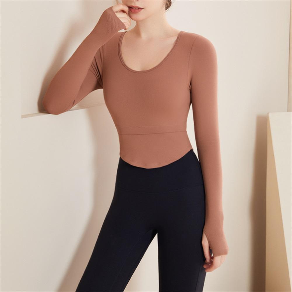 Ribbed Nude Slimming Yoga Suit Long Sleeved Women's Chest Cushion U-neck Outerwear Running Fitness Top