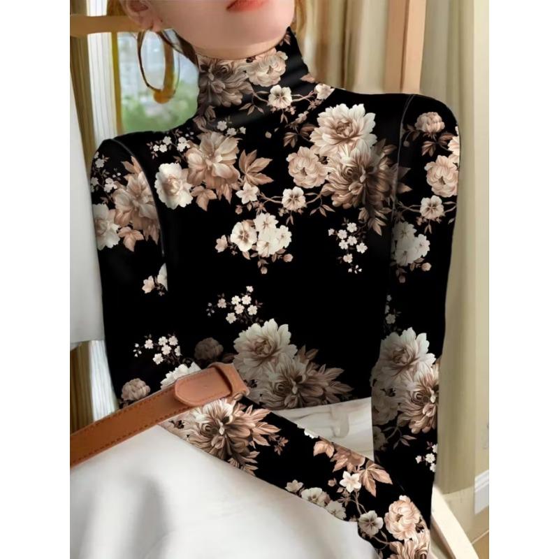 Women's Spring and Autumn Retro Floral Print Versatile Slim-Fit High-Neck Ruffled Long-Sleeve Base Shirt