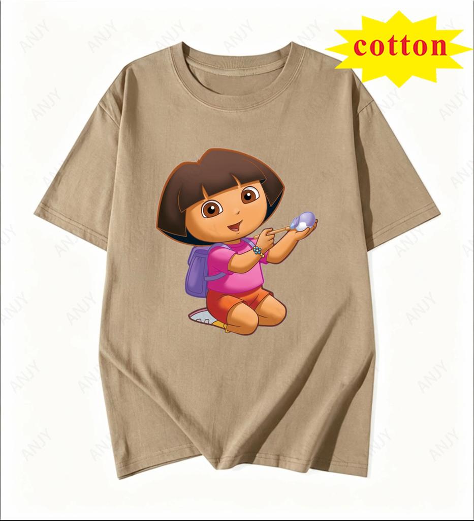 Dora The Explorer Cartoon Print Short Sleeve Loose Fit Pure Cotton Round Neck Tshirt Cute Unisex Top