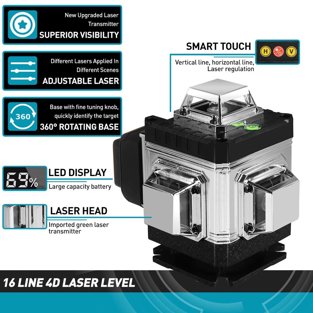 4D 16-линейный лазерный уровень, зеленая линия, самовыравнивающийся, 360° по горизонтали и вертикали, супермощный зеленый лазерный уровень, управление через приложение