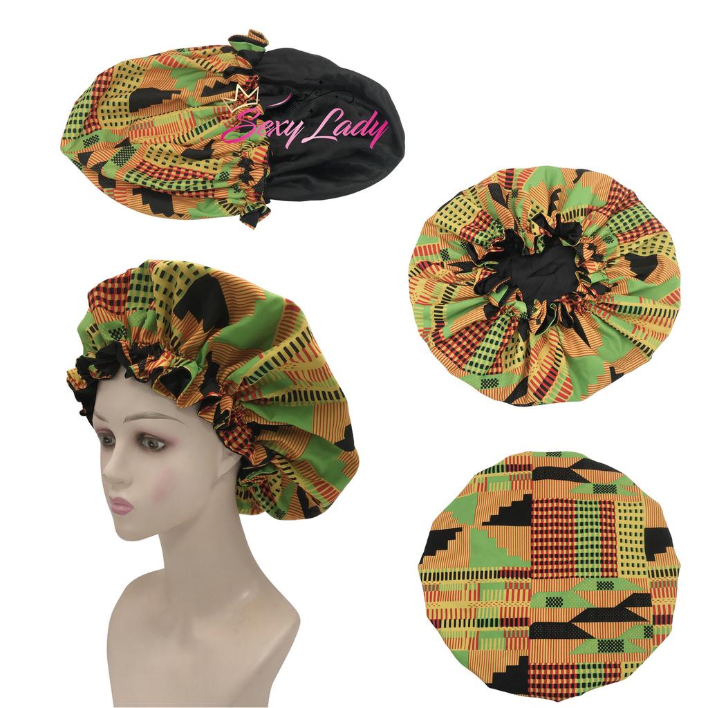 African Pattern Print Ankara Bonnet Double Layer Satin Large Turban for Women Sleep Night Hat Silk Hair Ladies Night Parties