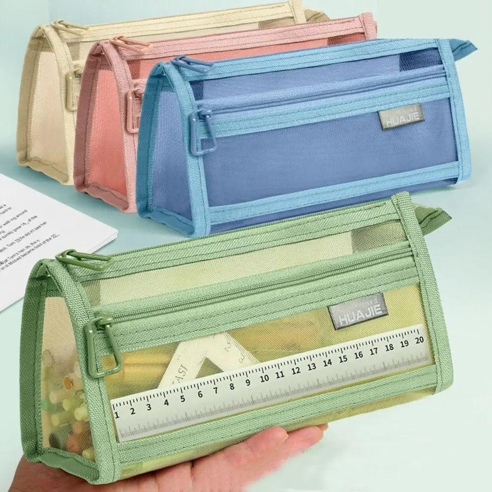 Double Layer Mesh Pen Bag Transparent Stationery Storage Bag Transparent Pencil Case Students